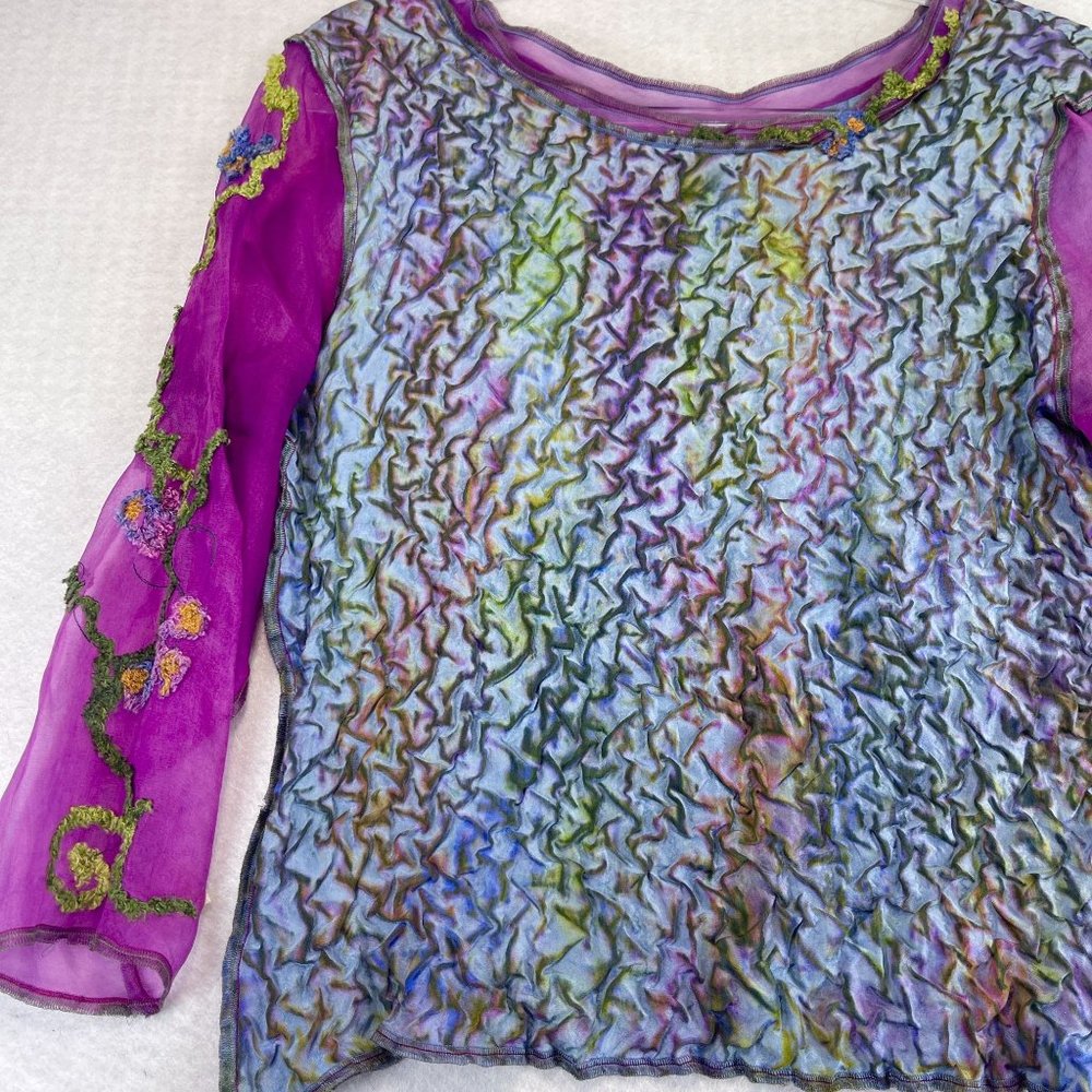 WOMENS M Purple Multicolor Crinkle Tunic Top Blouse Long Embellished Sleeves